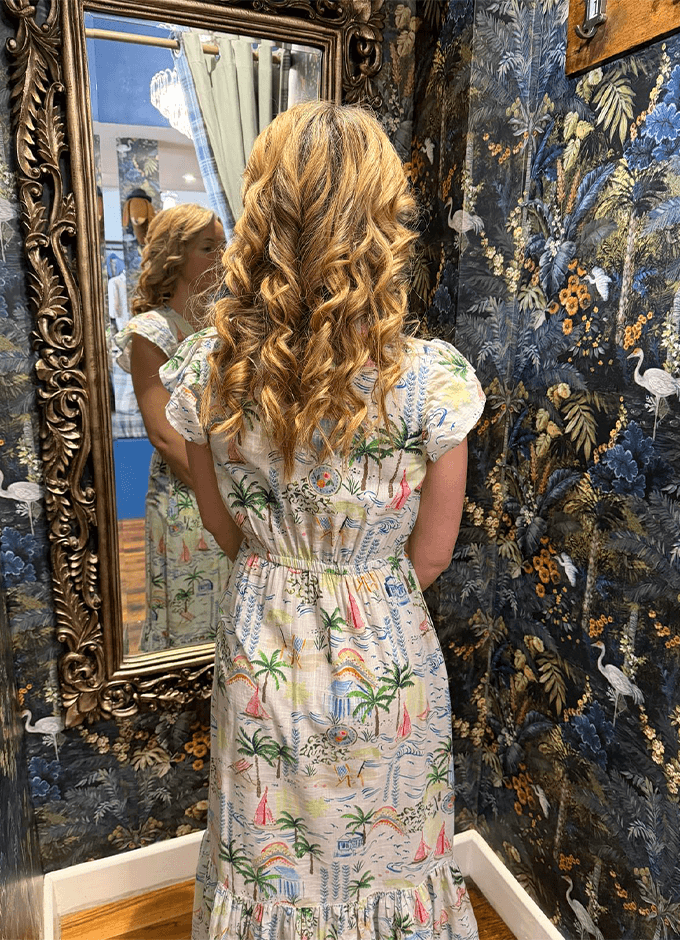Winnie Coastal Scene Print Frill Shoulder Maxi Dress