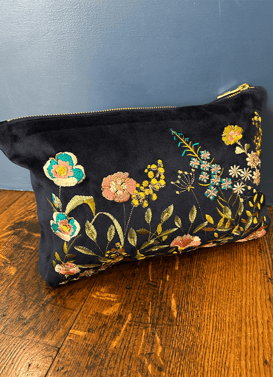 Velvet Zip Pouch | Navy Floral Hedgerow