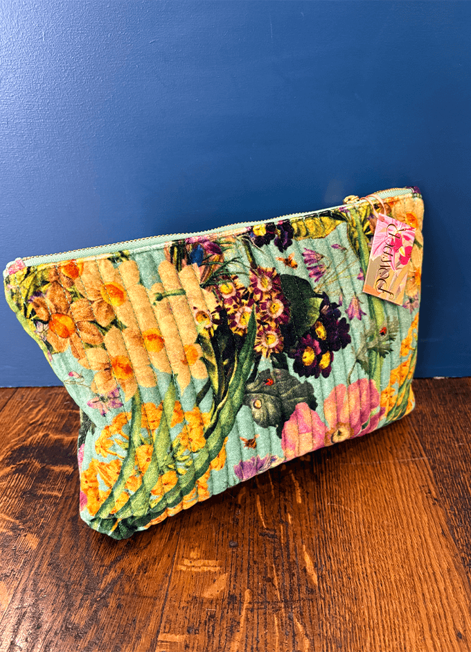 Quilted Velvet Zip Pouch | Spring Flora