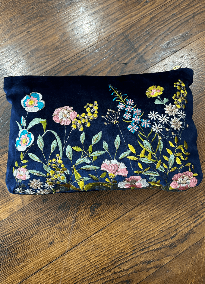 Velvet Zip Pouch | Navy Floral Hedgerow