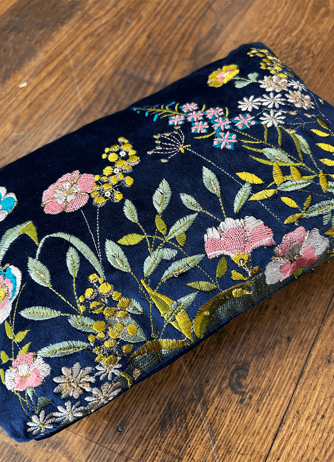 Velvet Zip Pouch | Navy Floral Hedgerow