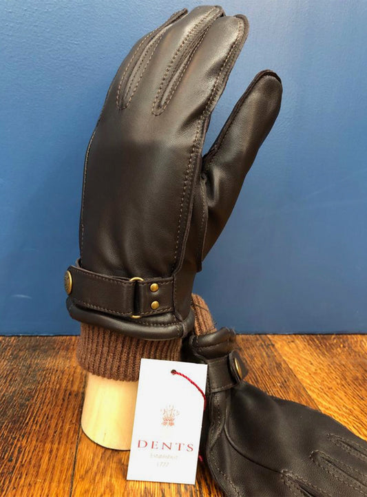 Warm Lined Button Leather Glove Brown