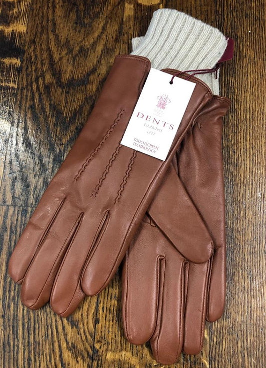 Ladies Leather Wool Cuff Gloves | Cognac & Camel