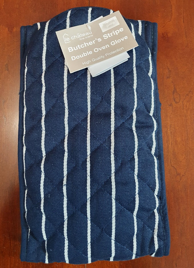 Woven Butchers Stripe Double Oven Glove | Navy