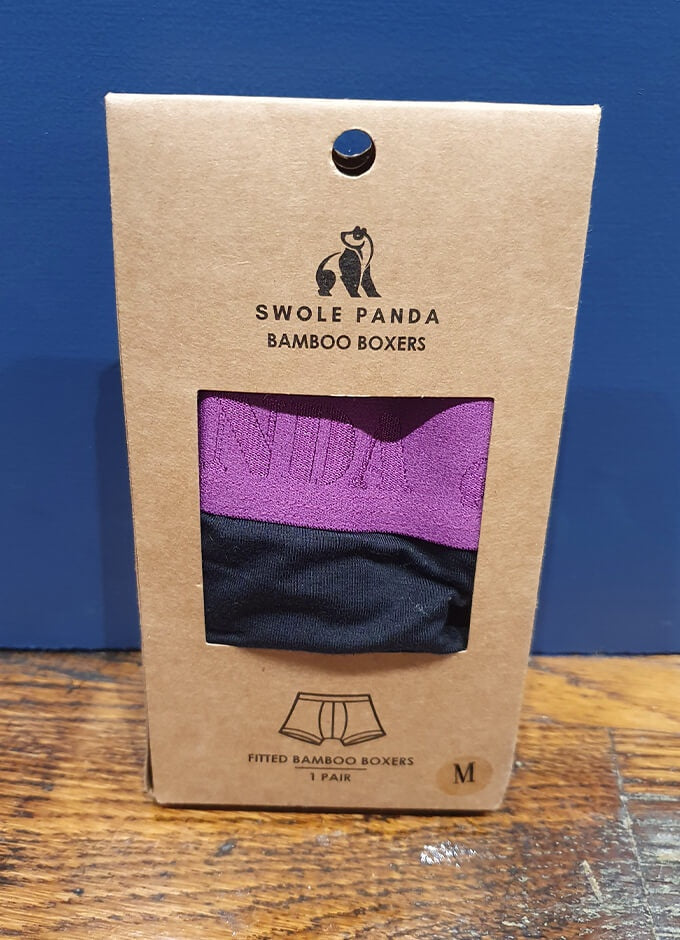 Swole Panda Bamboo Boxers | Black with Purple Band