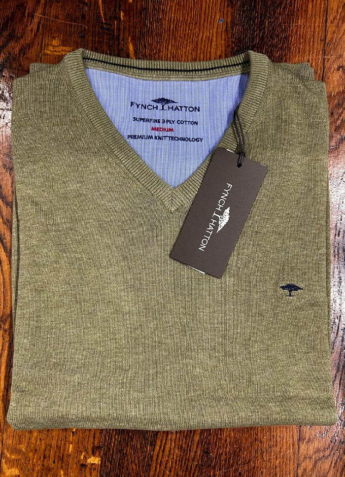 Fynch Hatton Cotton V-Neck Jumper | Olive