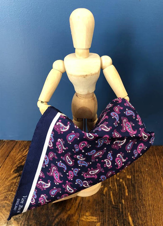 Navy Blue and Paisley Pink Fancy Pocket Square